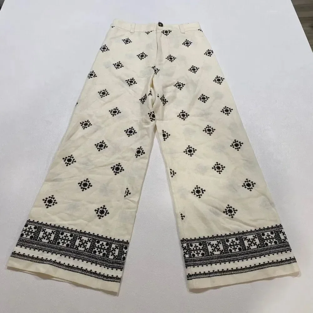 Zara Cream Embroidered Wide Leg Pants XS Boho Linen Blend